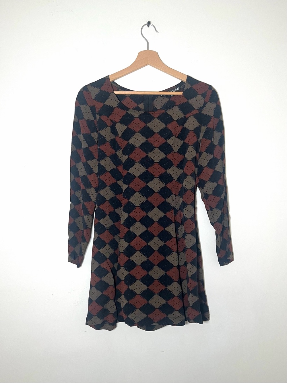 Betsey Johnson Vintage 90’s Argyle Print Babydoll Grunge Retro Indie Long Sleeve